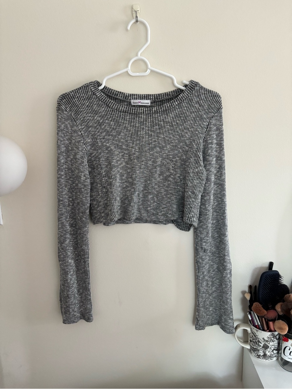 Dainty Hooligan Gray Ribbed Cropped Long-Sleeve Top